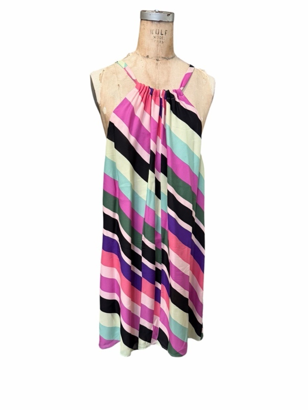 Trina Turk 100% Silk Rancho Wind Chimes Multicolored Striped Mini Dress Size L
